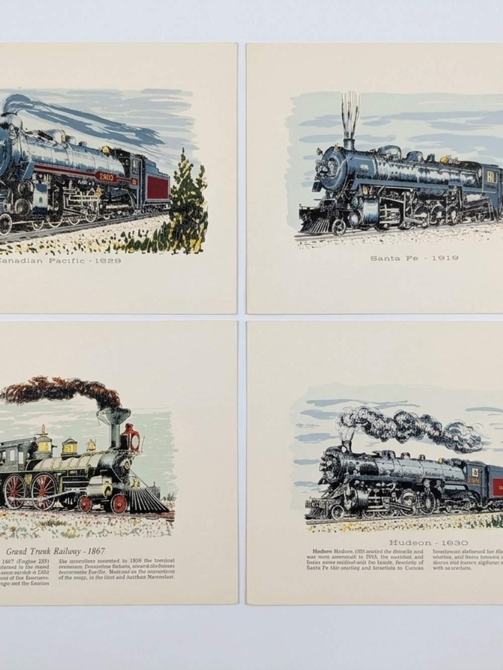 Vintage 10x8 Railroad Locomotive Art Prints (Set of 4) CPR Santa Fe GTR Hudson
